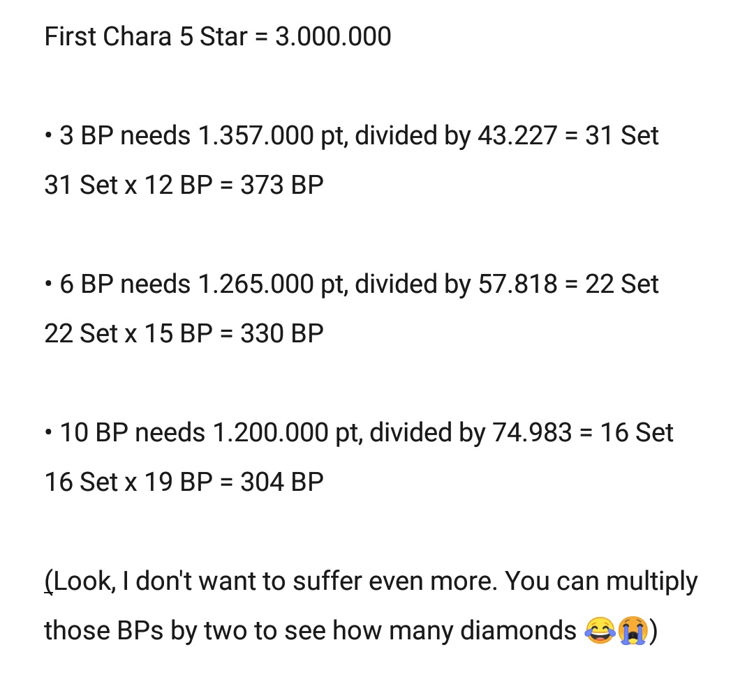 So if we're excluding work tickets and level up BPs, this is the BP amount that you need from diamondsThe difference between 3, 6 and 10. You can see it. Mm hmm? 