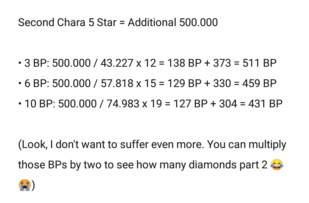 So if we're excluding work tickets and level up BPs, this is the BP amount that you need from diamondsThe difference between 3, 6 and 10. You can see it. Mm hmm? 