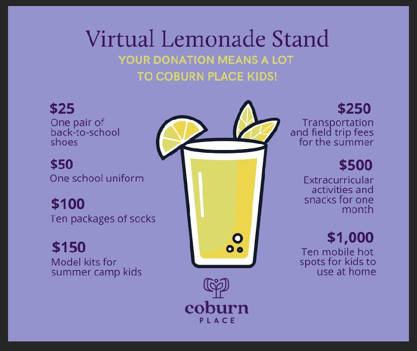 EmilyWTHR's tweet photo. Coburn Place  is hosting a virtual lemonade stand this year because of Covid 19. I sure do miss slinging lemonade on Monument Circle like in years past. You can still donate...
Go to https://t.co/x7WKv2XECB Mention Team Pinkeys in the comment section. #TeamPinkeys https://t.co/T5lo5ex0mk