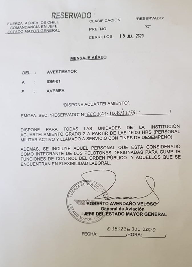 PiensaPrensa's tweet photo. Fuerza Aérea de Chile llama a acuartelamiento grado 2 a su personal. https://t.co/77K9DbLQBL