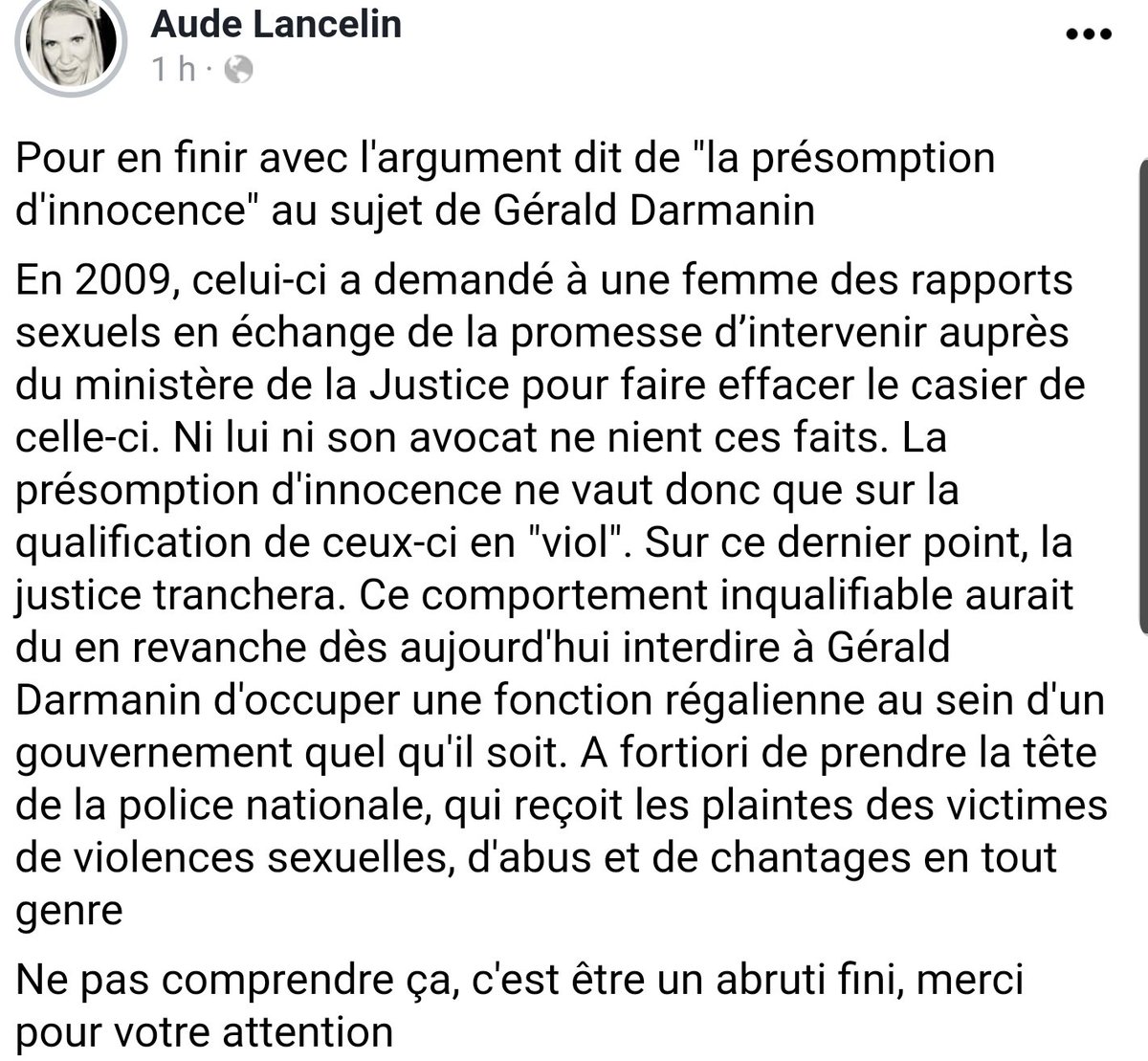 CitoyenAtterre's tweet image. Pour en finir avec l'argument de ”la présomption d'innocence" au sujet de Gérald #Darmanin.

100% d'accord avec ce petit texte d'Aude Lancelin publié sur FB. Cet argument répété ad nauseam et repris dans une Tribune LREM odieuse est une véritable gifle à la face des Femmes. 🤢
👇