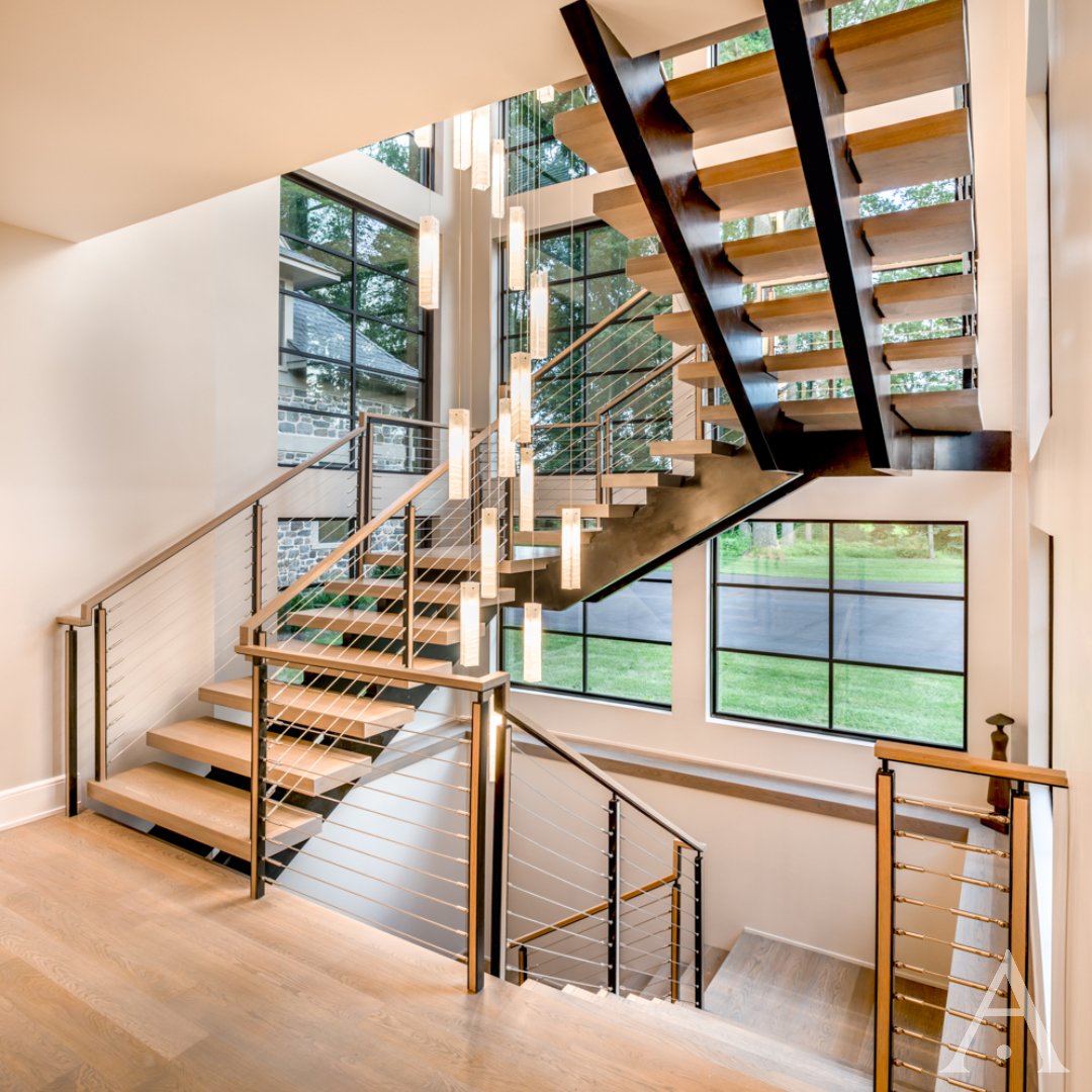 Floating fixtures, clean profiles, cantilevers, and soft materials blend traditional and modern elements to achieve a transitional style home. The mix of stone, glass + metal set within a wooded panorama view give this home its "wow" factor. @IDLuxuryHome <a href="/PeriodArchitect/">Period Architecture</a>