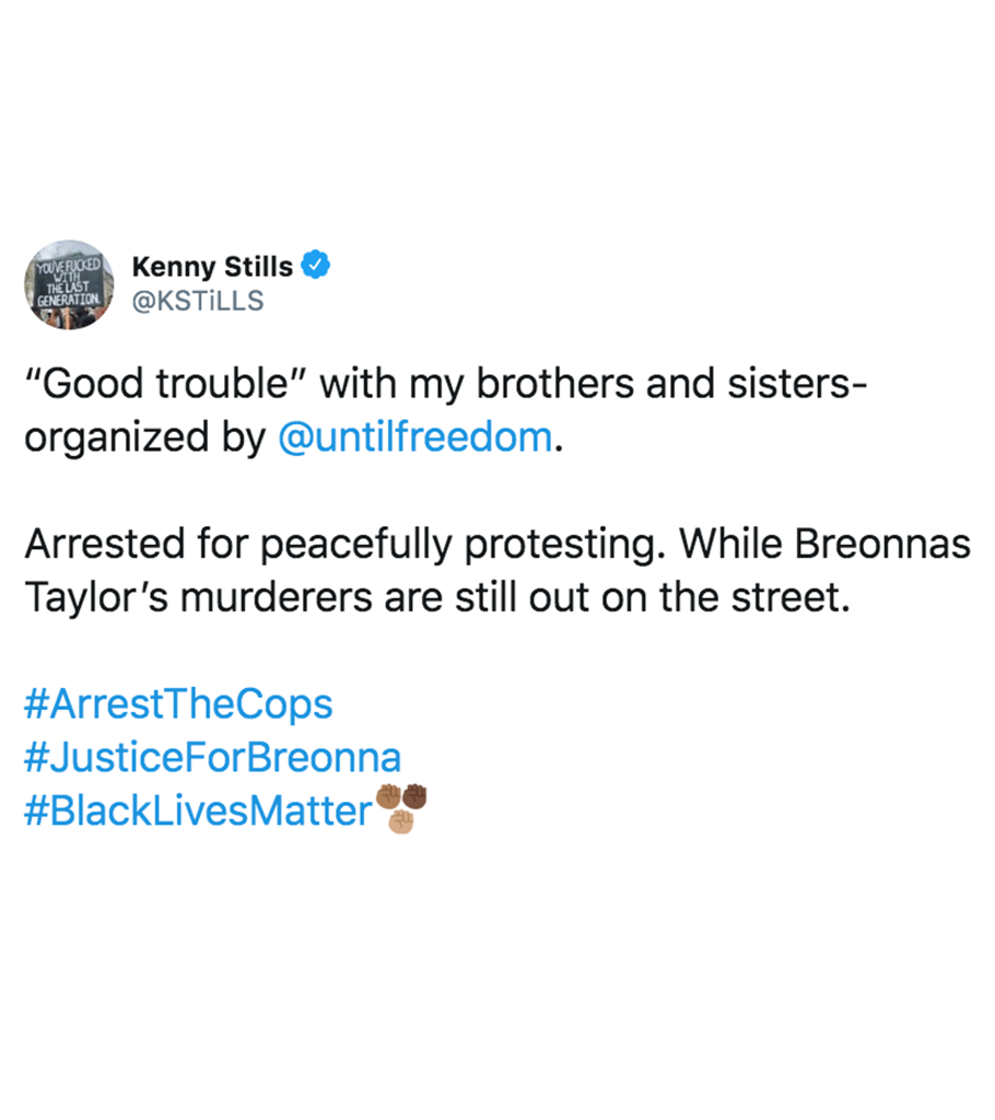 espn's tweet photo. .@KSTiLLS posted on Twitter after he was released from jail. 

Tuesday, 87 people, including Stills, were arrested after marching to the home of Kentucky Attorney General Daniel Cameron as part of a protest over the death of Breonna Taylor. https://t.co/bCSh7HHj2L