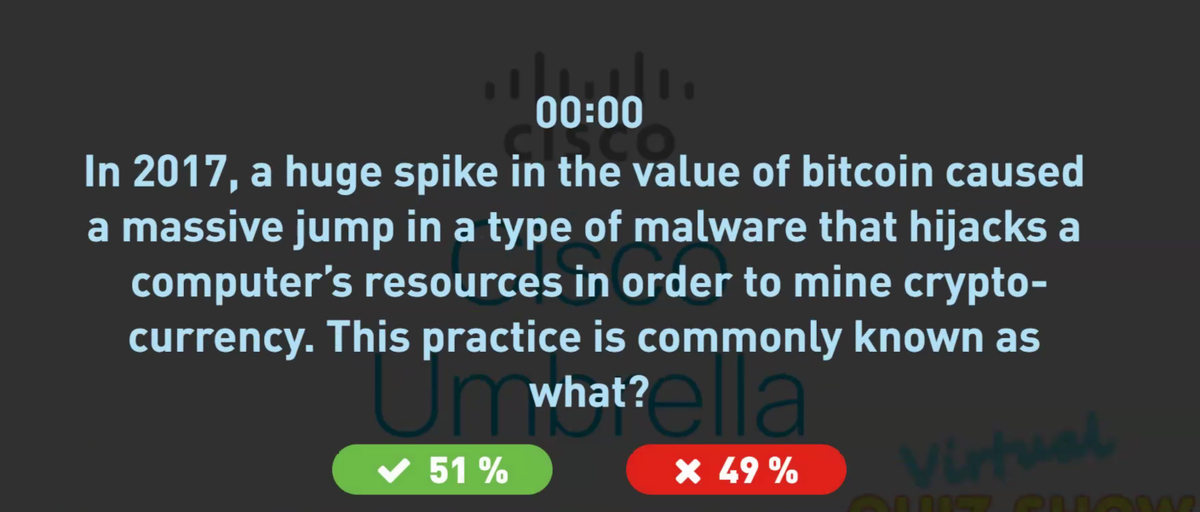 CiscoUmbrella's tweet photo. If you haven't joined our virtual game show, you're missing out! https://t.co/ItNUfYFBUh 

We have sweet prizes for the winners, and we're raising money for organizations through @Impact4Good! 🎲🎲🎲 https://t.co/L325uHBp1A