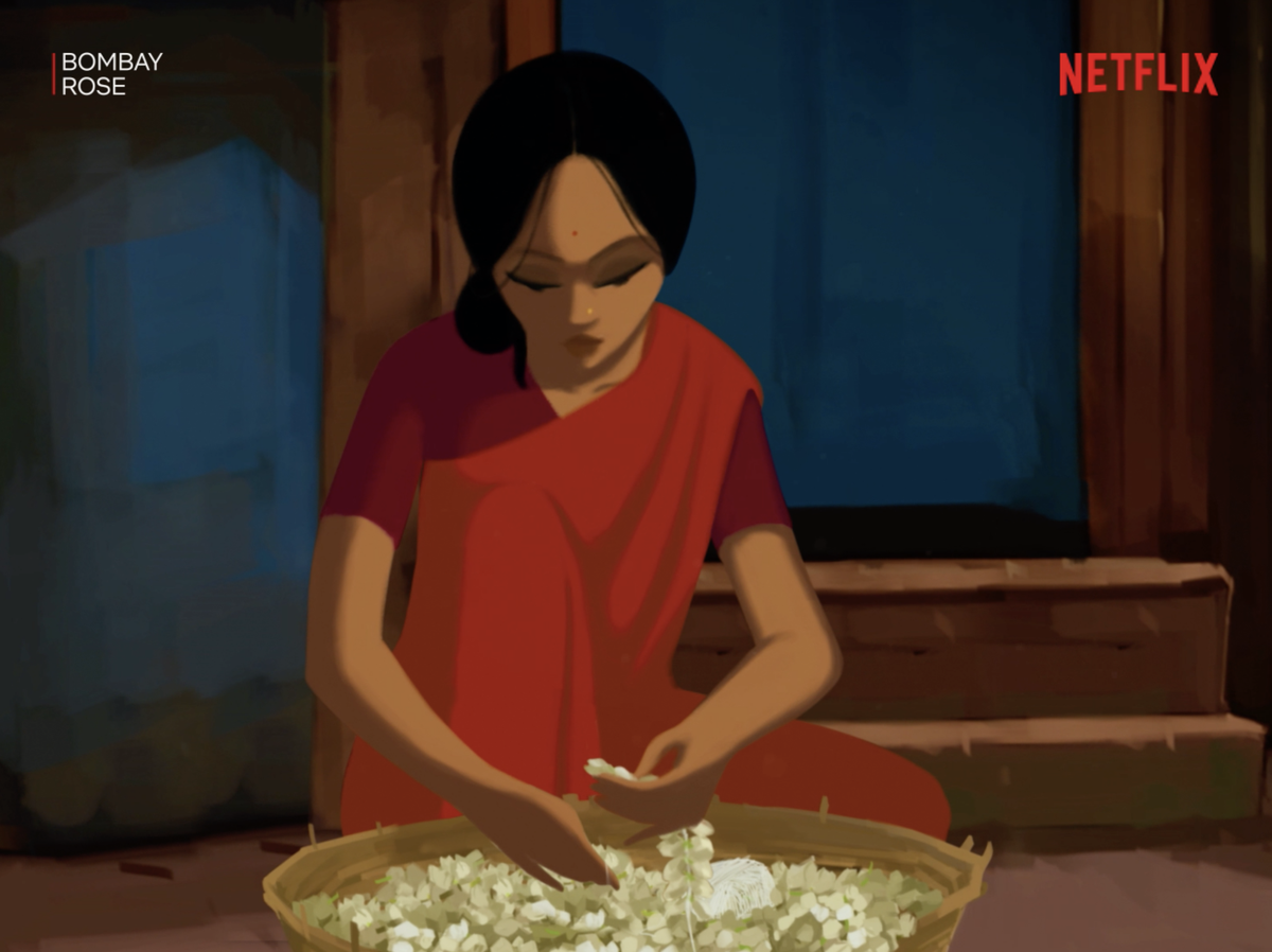 NetflixIndia's tweet photo. An animated romance hanging precariously between living on the streets and loving on the screen, Bollywood style. 

#BombayRose
#GitanjaliRao
@BombayRoseFilm 
@CinestaanFilmCo https://t.co/wUgV7tJncq