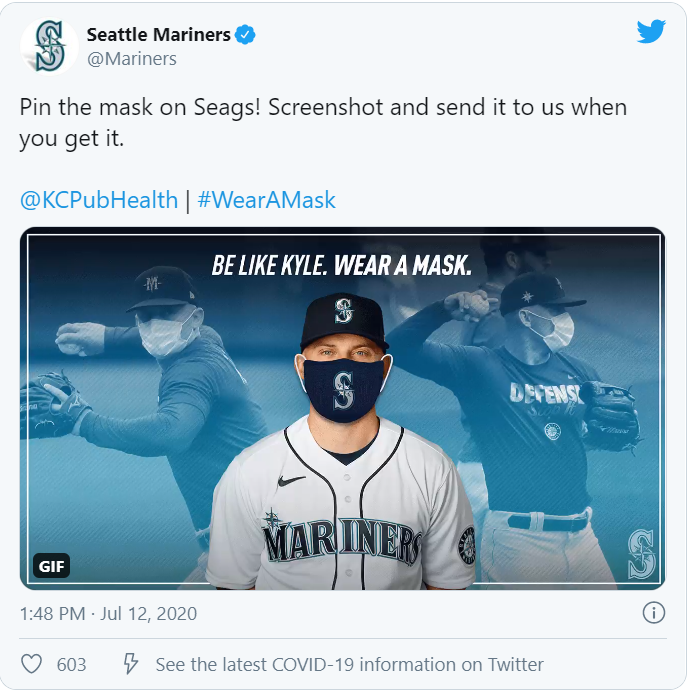 KcShiels's tweet photo. @Mariners @KCPubHealth #WearAMask https://t.co/Pf3ZQIJnwc