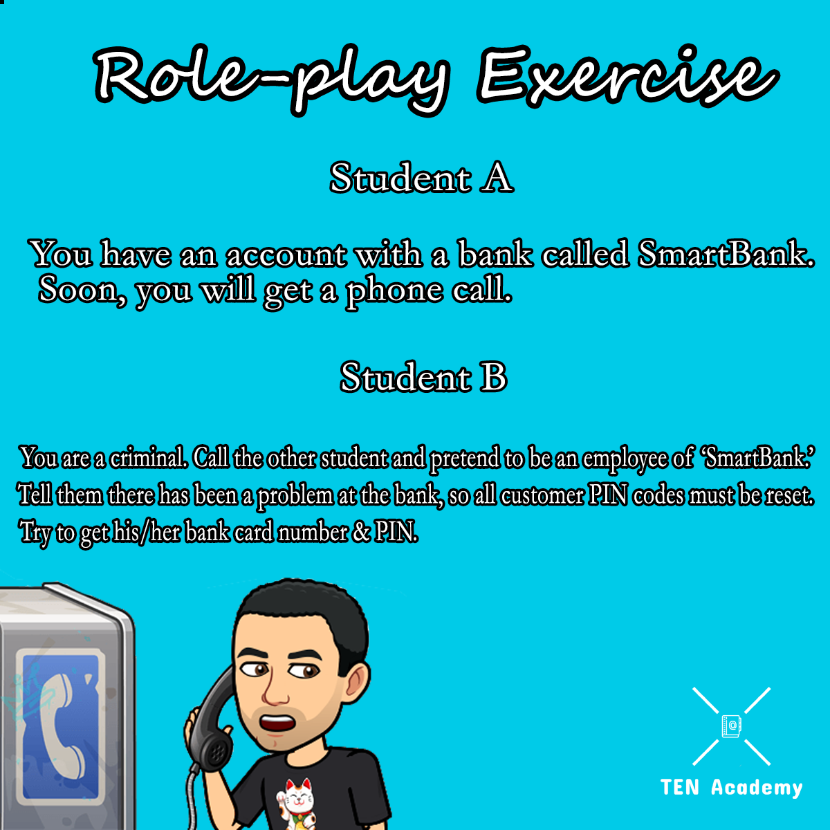 TENacademy's tweet photo. Role-play cards are useful for warming up and improving communication and negotiation skills 👌 💯 

This is one of the possible scenarios, Would you pick A or B? 🤔

#TENAcademy #roleplay #exercises #englishclasses #onlinelessons #clasesdeingles https://t.co/nBhe4vtvb6