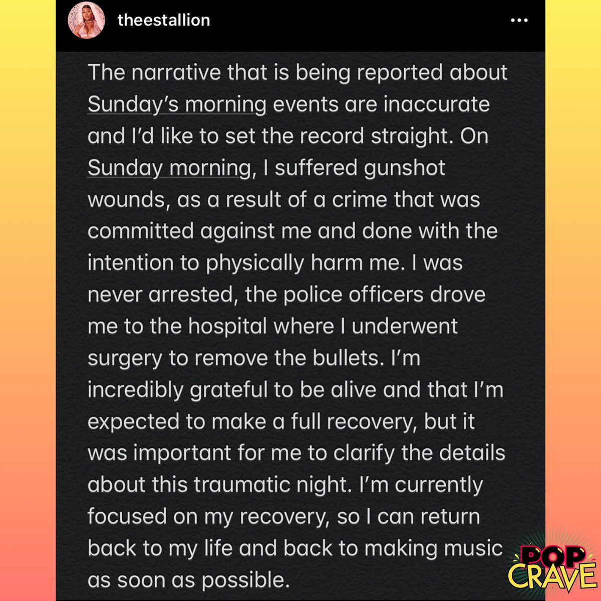 Megan Thee Stallion reveals what happened the night Tory Lanez was arrested for gun charges, explains she was shot in the foot:"The police officers drove me to the hospital where I underwent surgery to remove the bullets. I'm incredibly grateful to be alive"