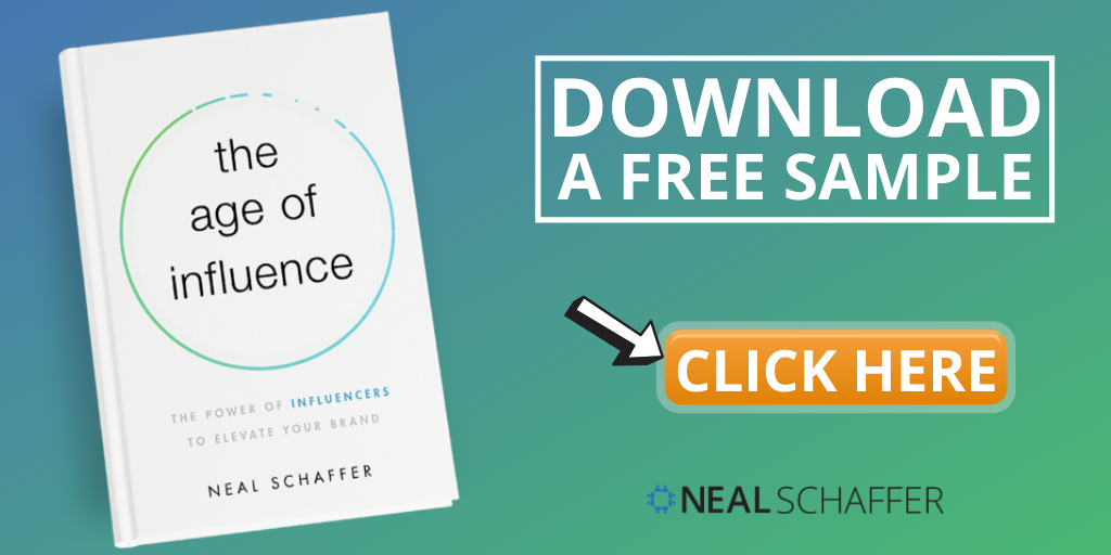 NealSchaffer's tweet photo. Looking to leverage influencers as part of your marketing?

Excited to announce that a free preview of my new book The Age of Influence is now available! Includes the Table of Contents, Introduction &amp; 1st Chapter. Check it out! 

#influencermarketing https://t.co/iEwqw56tG4 https://t.co/JvGYSgXTfr