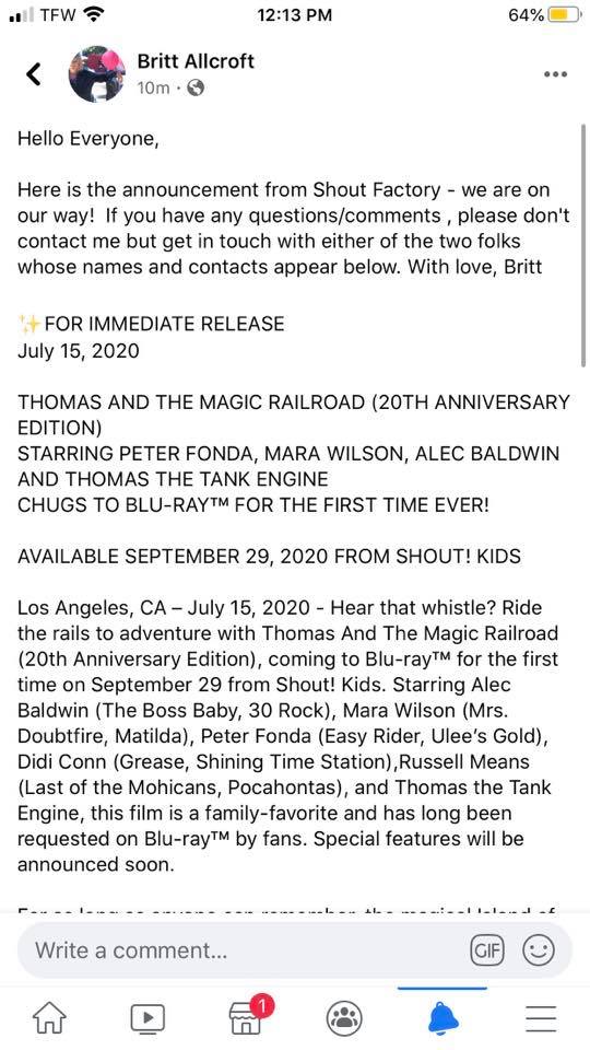 Britt Allcroft has confirmed the release of Thomas and the Magic Railroad on Blu-Ray this September. While all details are unknown, the news for a Blu-Ray release of the original film is great news and keeps all of us optimistic on the restoration of the original film.