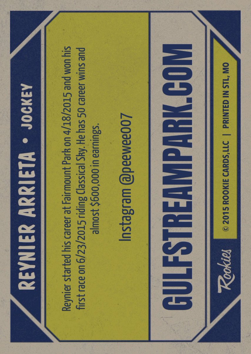 GulfstreamFanGQ's tweet photo. Reynier Arrieta - Gulfstream Park 2020 Spring-Summer Meet Virtual Jockey Trading Card (front &amp; back). #ReynierArrieta #GulfstreamPark #2020SpringSummerMeet #HorseRacing #Jockeys #VirtualTradingCards https://t.co/LDLdP97Wpe