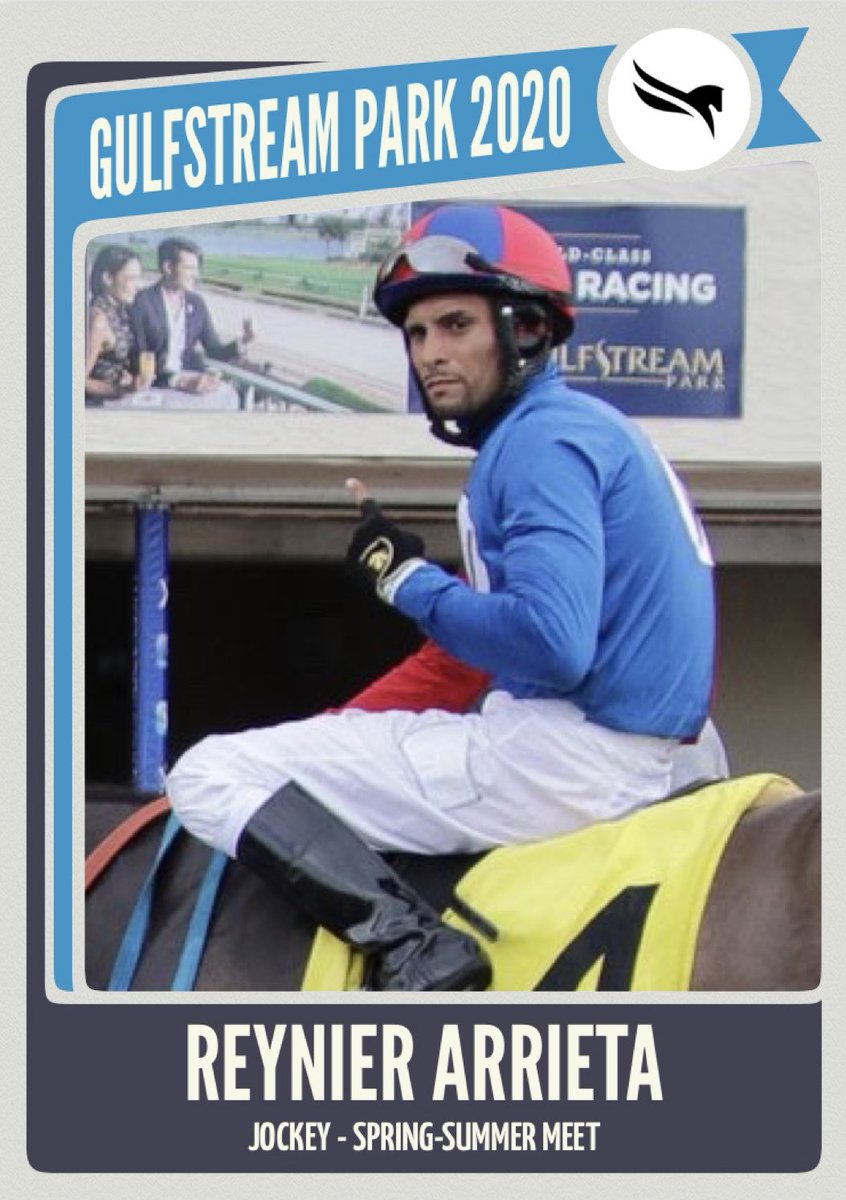 GulfstreamFanGQ's tweet photo. Reynier Arrieta - Gulfstream Park 2020 Spring-Summer Meet Virtual Jockey Trading Card (front &amp; back). #ReynierArrieta #GulfstreamPark #2020SpringSummerMeet #HorseRacing #Jockeys #VirtualTradingCards https://t.co/LDLdP97Wpe