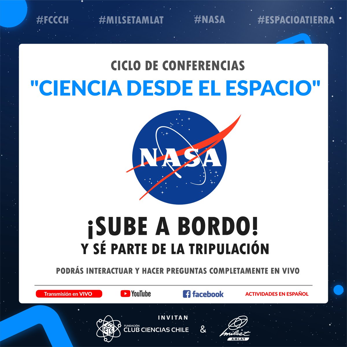 CienciasChile's tweet photo. ¡LLEGO EL DÍA! - Primer Bloque de Conferencias titulado “CIENCIA DESDE EL ESPACIO”.
#FCCCh #MilsetAmlat #NASA #EspacioATierra
Conéctate en:
Facebook: https://t.co/vHuKppARck
Youtube: https://t.co/G1zW9JzyBn https://t.co/zOQUgbKMk5