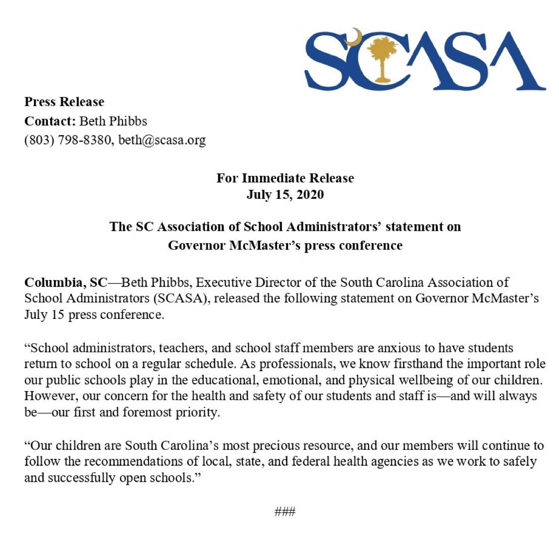 SCASA's Executive Director, Beth Phibbs (@SCASAExec), released the following statement on Governor McMaster’s press conference.

Full text SCASA releases can be found here:
scasa.org/newsroom