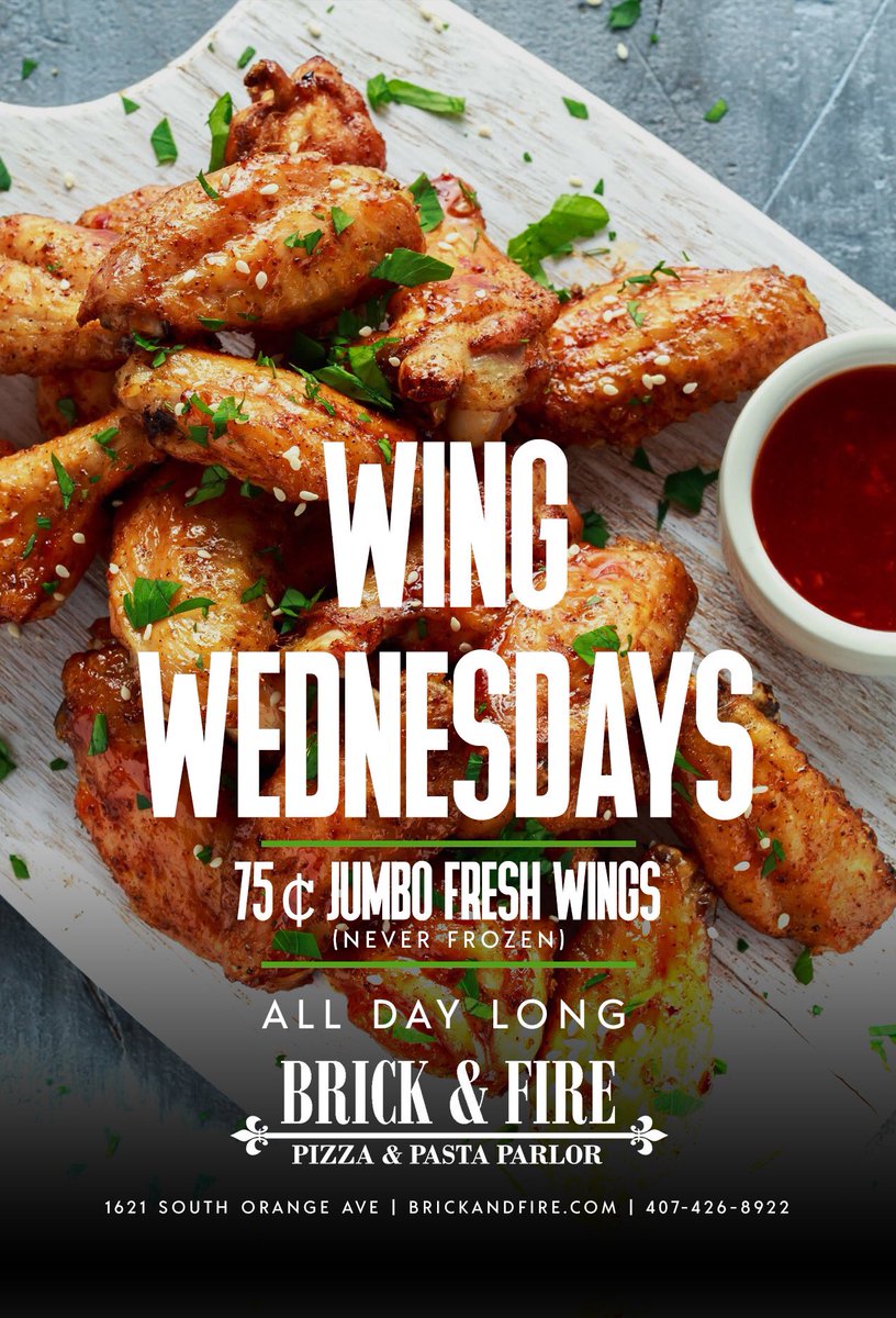 brickandfire's tweet photo. It’s Wing Wednesday!
$.75 wings All day!
Available for dine-in, carry-out and delivery! 

As always, it’s our pleasure to serve you!

#pizza #downtownorlando #orlando #smallbusiness #supportsmallbusiness #supportlocal #supportlocalbusiness #goodeats #deals https://t.co/6lof7mE60c