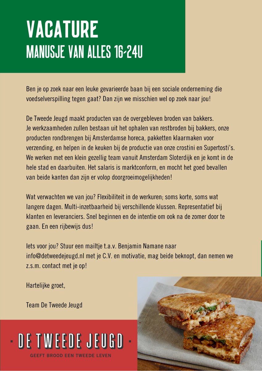 DeTweedeJeugd's tweet photo. Vacature!

Manusje van alles bij De Tweede Jeugd! (16-24u)

Ben je op zoek naar een leuke gevarieerde baan bij een sociale onderneming die voedselverspilling tegen gaat? Dan zijn we misschien wel op zoek naar jou! https://t.co/L10NDzlIQX