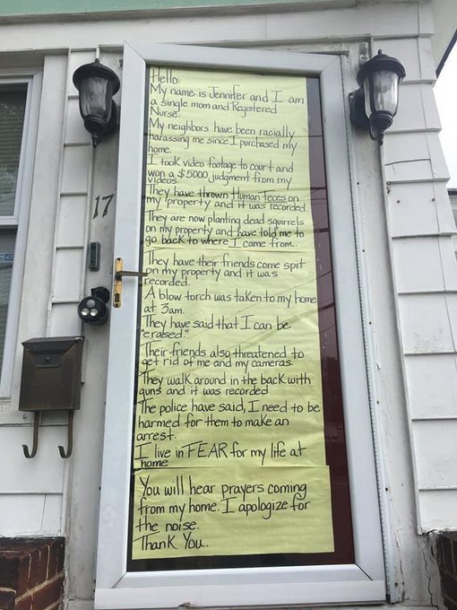 _SJPeace_'s tweet photo. A black woman who is a registered nurse and a single mother of a 3 year old is living in fear for her life!

Her racist neighbor has been terrorizing her since she moved in 2 years ago. 

The police said "We need you in a body bag before we can make an arrest"

FUCK THE POLICE! https://t.co/eXuxY98P4b
