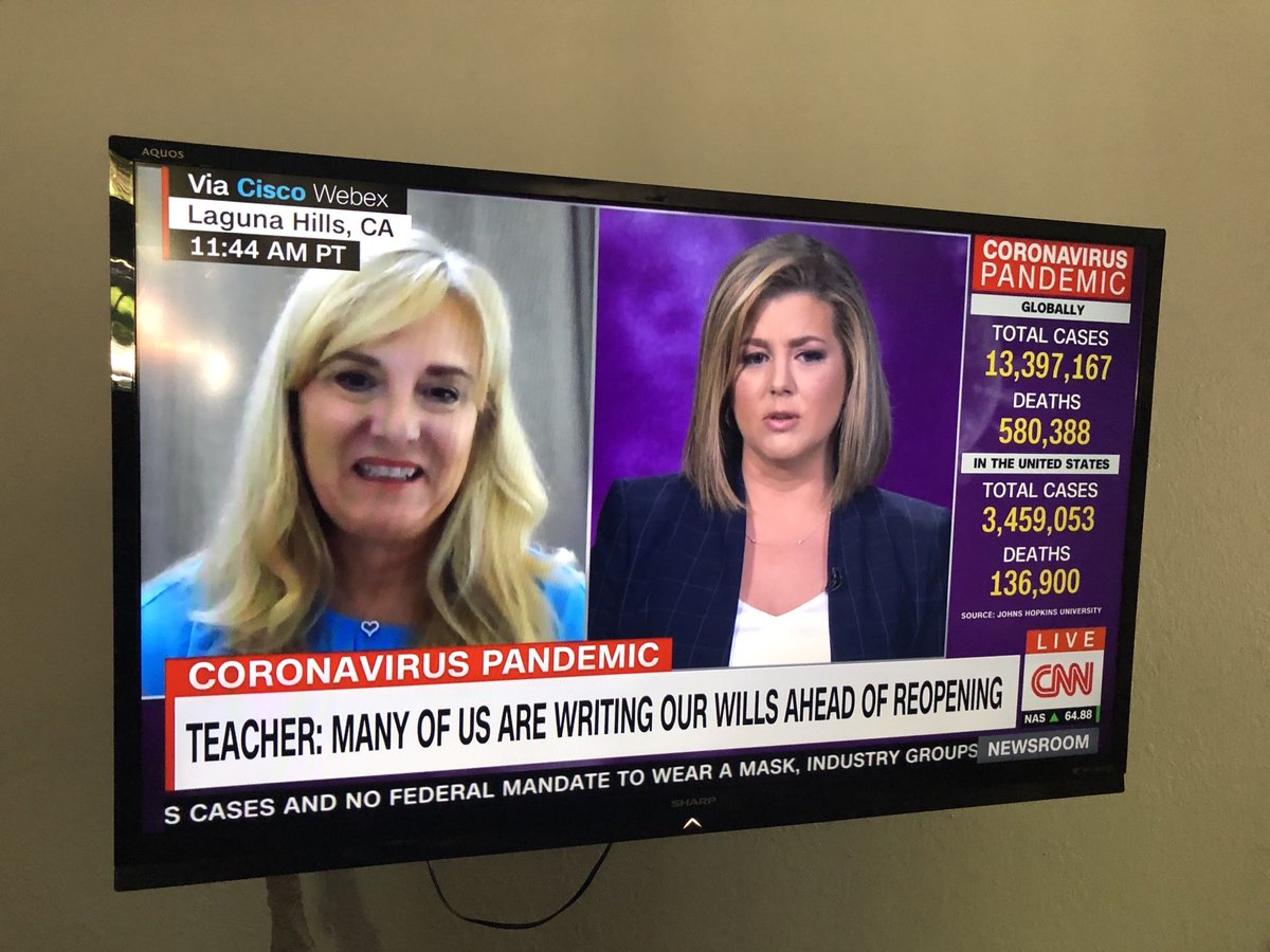 tcpgbriggs's tweet photo. ⁦@WeAreCTA⁩ teacher Denise Bradford from Saddleback Valley w ⁦@brikeilarcnn⁩ whose mom was a teacher in saddleback and she went there as a child. We can’t go back to school until it’s safe to do so!! #COVID19 #wearecta #SafetyFirst #safeschoolsreopening https://t.co/E6fvMIhFTx