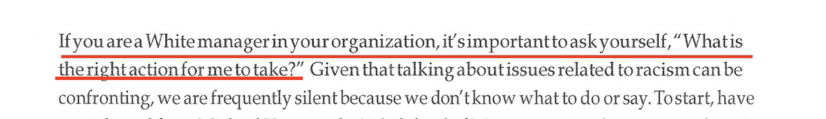 Next, the trainers recommend "White managers" create "safe spaces" for "listening sessions," where black employees can explain "what it means to be Black" and be "seen in their pain." White employees must not "fill the silence with [their] own thoughts and feelings."