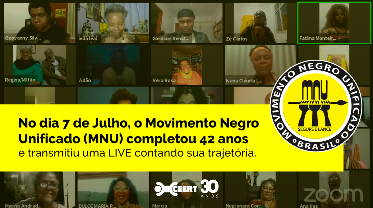CeertOrg's tweet photo. No dia 7 de julho, o MNU completou 42 anos de muita luta, e teve sua trajetória contada em uma live de aniversário, pelos fundadores, pela coordenadora nacional e por militantes da organização de todo o Brasil.

Assista o vídeo no canal da MNU no YouTube.

#CEERT #MNU https://t.co/LPzIJ6ZU4B