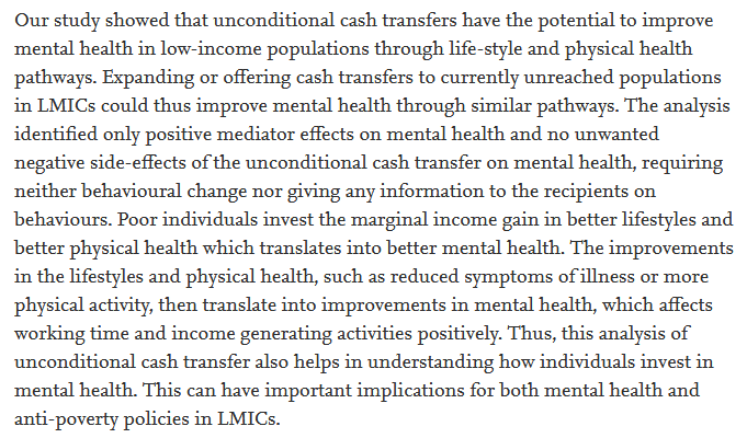 Unconditional income has been shown to improve the mental health of those in poverty. Improvements in physical health, such as reduced symptoms of illness and more physical activity, translate into improved mental health, which also improves productivity. https://www.sciencedirect.com/science/article/pii/S0277953620304007