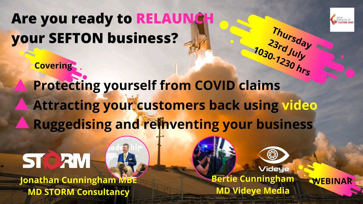 A COVID re-start plan is essential.
 
On Thursday, 23 July <a href="/InvestSefton/">InvestSefton</a> is running a live, interactive Zoom webinar 1030-1230 Covid-19: Starting Your Business Up Again Safely. To book your places contact Sharon/Dominique investsefton@sefton.gov.uk tel. 0151 934 3452.
