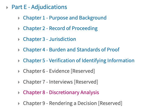 Here's the new Policy Manual section on "Discretionary Adjudications" (Vol. 1, Part E, Chap. 8).Note USCIS has added *4* new chapters here, only one of which is visible to the public.L: Wayback Machine from JuneR: Today's table of contents2/ https://www.uscis.gov/policy-manual/volume-1-part-e-chapter-8