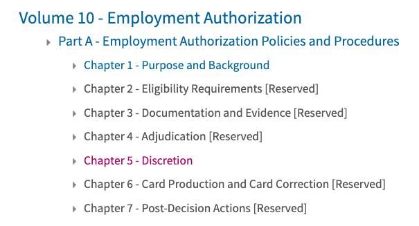 And here's the new Policy Manual section on "Discretion" in work permit adjudications (Vol. 10, Part A, Chap. 5).L: Wayback Machine from JuneR: Today's table of contents (2 public chapters, 5 hidden chapters)3/ https://www.uscis.gov/policy-manual/volume-10-part-a-chapter-5