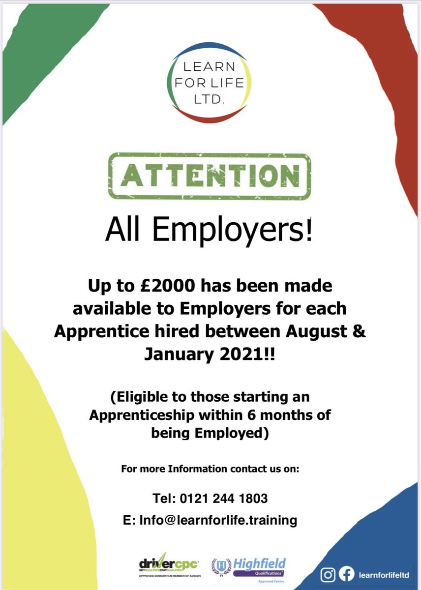 LearnForLifeLtd's tweet photo. Attention All Employer’s‼️
you have staff you would like to enrol please contact us info@learnforlife.training or 0121 244 1803
 #apprenticeships  #incentives #fullyfunded #earnwhileyoulearn https://t.co/26lzhxYmZD