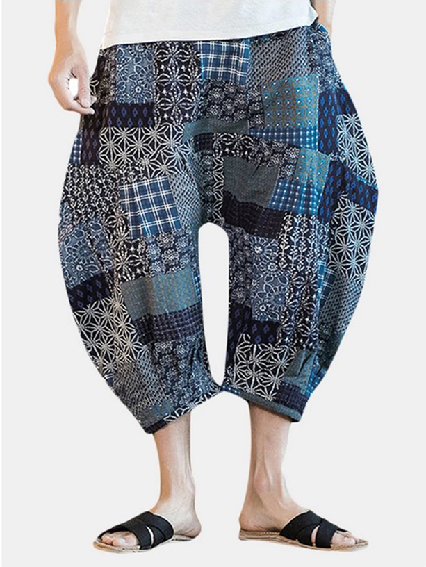 "Mens Casual Baggy Cotton Linen Harem Pants Ethnic Style Printed Loose Wide Leg Pants."