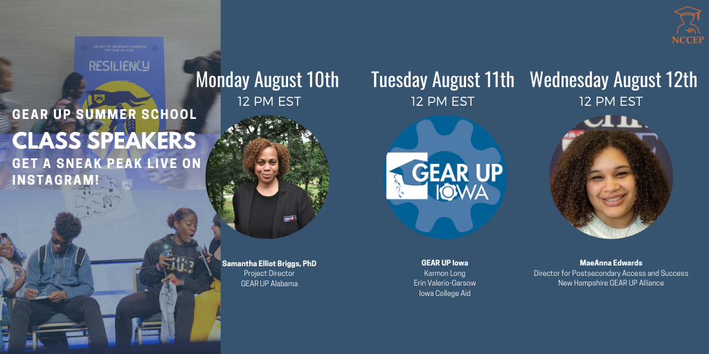 edpartnerships's tweet photo. We are going LIVE on Instagram every day during #GEARUPSummerSchool! Join us as we chat with a few of the Class Speakers about their sessions. 

August 10th 12 PM EST with @GEARUPAlabama 
August 11th 12 PM EST with @GEARUP_Iowa 
August 12th 12 PM EST with @GEARUPNH 

#GEARUPworks https://t.co/5nxLonK5NB