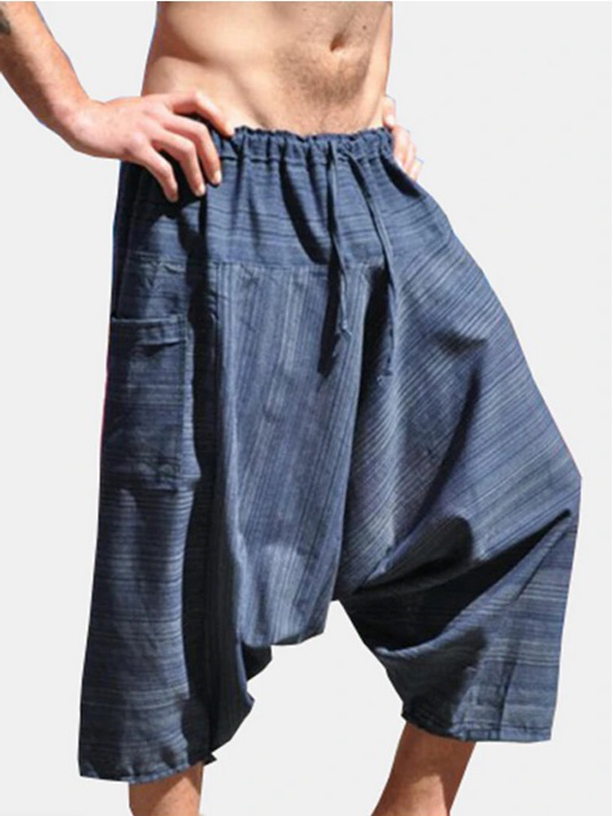"Mens Ethnic Style Striped Baggy Drawstring Elastic Calf-Length Loose Harem Pants."