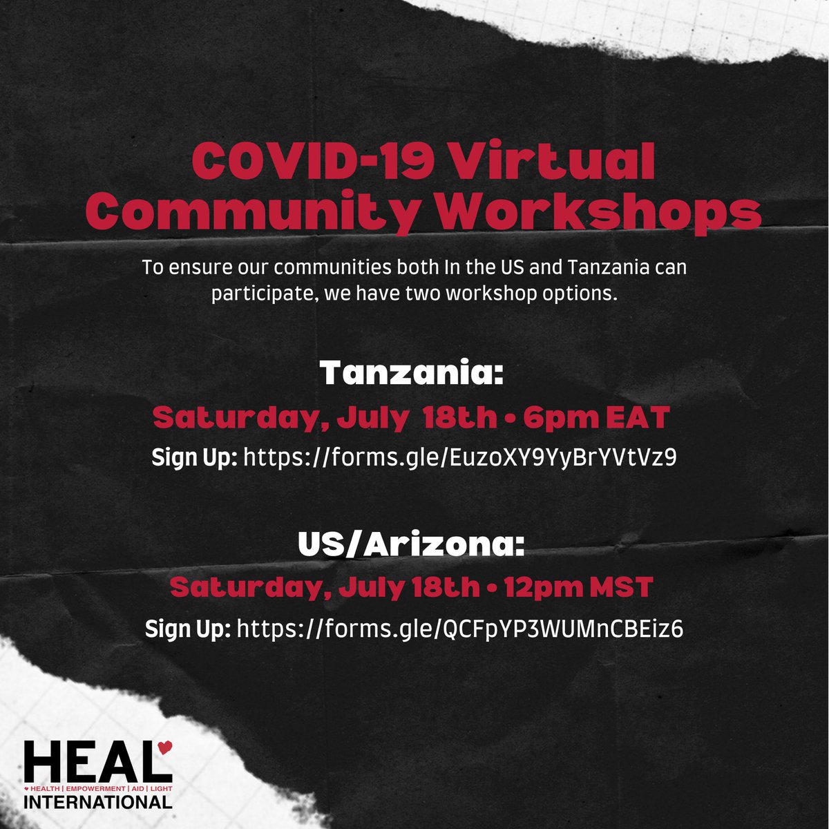 HEALintl's tweet photo. Join one of our two COVID-19 workshops designed specifically for members of our communities. ⁣
⁣
Saturday, July 18th at 6pm EAT for our community in Tanzania or 12pm MST for those in the US/Arizona. ⁣
⁣
#healinternational #covid19 #healthempowerment #QandA https://t.co/ovxnILaU52
