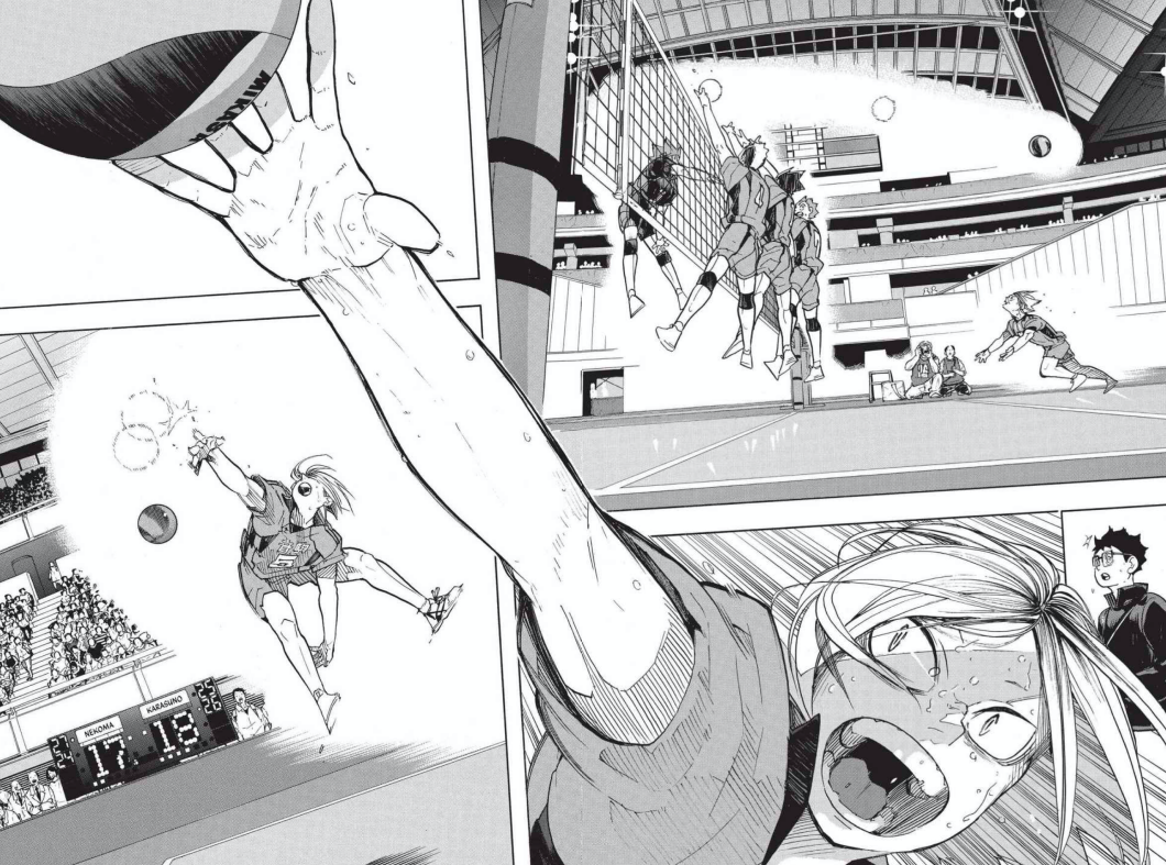 The focus is shone on Kenma's limbs to emphasise just how much effort he -Nekoma's spoiled brain who shocks the whole court just by *moving*- is exerting to chase after the balls.