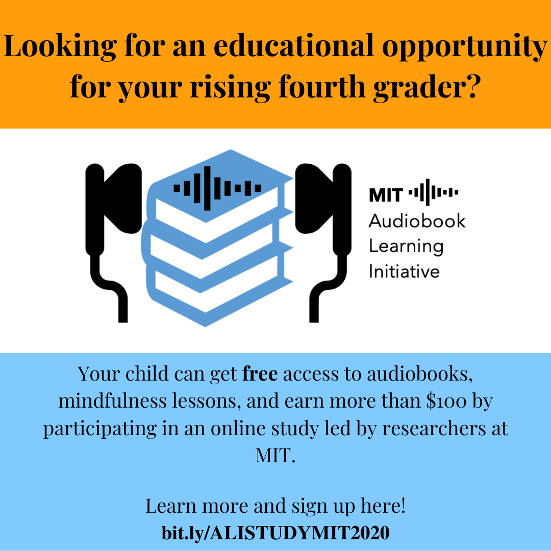 olaozpa's tweet photo. A new online audiobook intervention study to support the language development of rising 4th graders in diverse home learning environments due to socioeconomic factors and in response to the COVID-19: https://t.co/b97RBsMdRW PLEASE retweet. @mcgovernmit  @ReachReaders @DDyslexiaMA https://t.co/Tytm75arJX