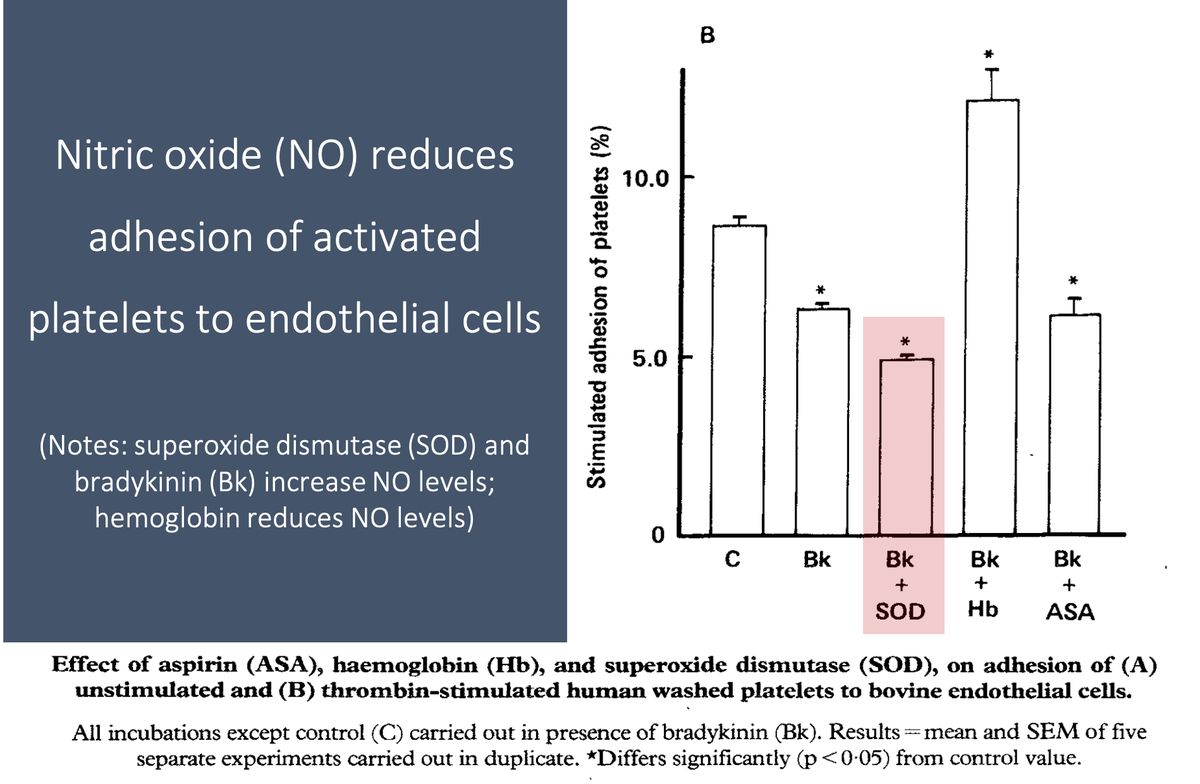 12/For example, nitric oxide reduces platelet adhesion to the endothelium (Link 1 and Picture) and platelet-platelet aggregation.These effects are mediated by an increase in cyclic GMP (Link 2). https://pubmed.ncbi.nlm.nih.gov/2889967/  https://pubmed.ncbi.nlm.nih.gov/1695013/ 