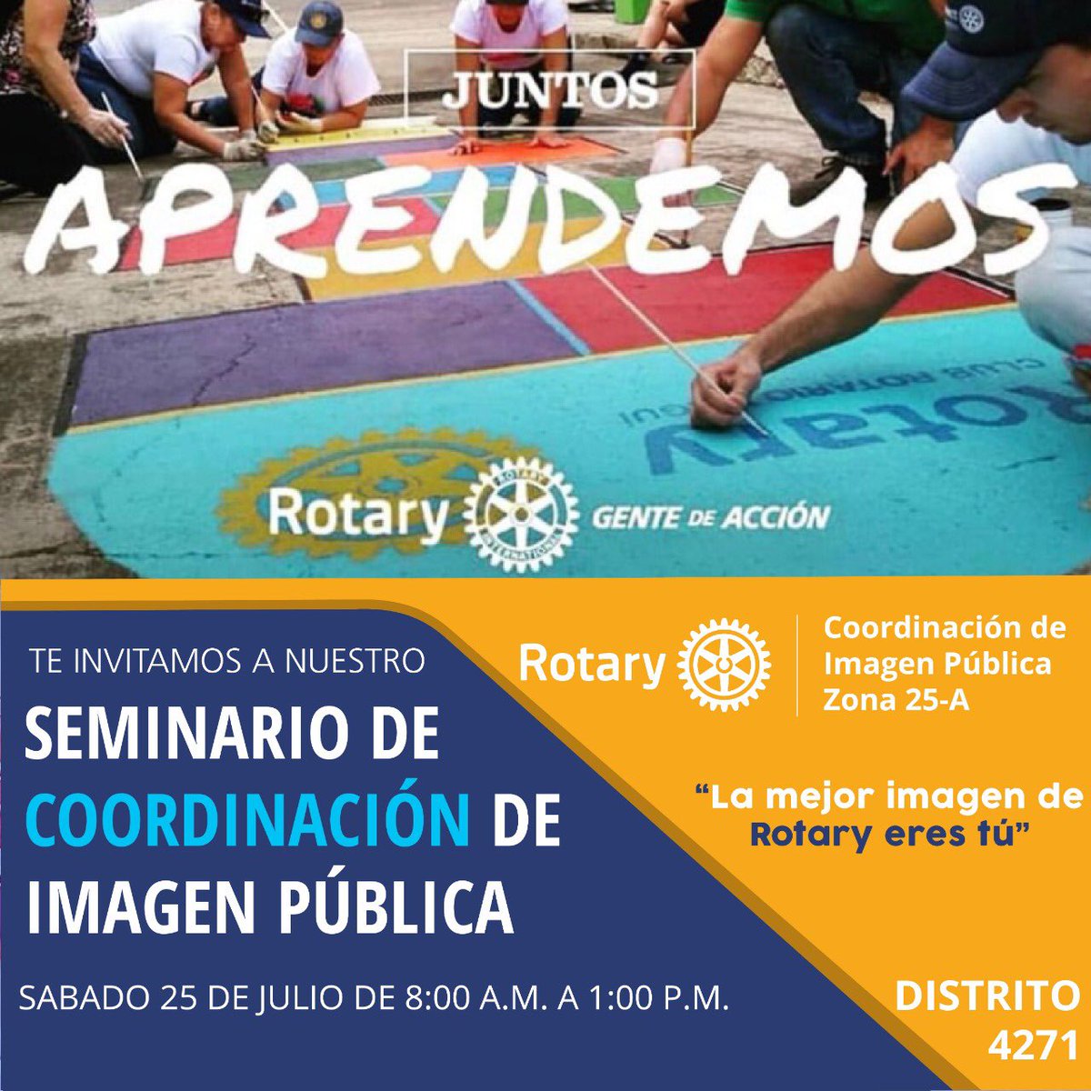#JuntosAprendemos 👉🏻 No te pierdas nuestra Seminario Virtual de Imagen Pública, el próximo 25 de julio, el cual contará con grandes ponentes de la Coordinación Imagen Pública de Rotary Zona 25A

Te esperamos!!!

<a href="/rotarydis4271/">Rotary Distrito 4271</a> 🇨🇴