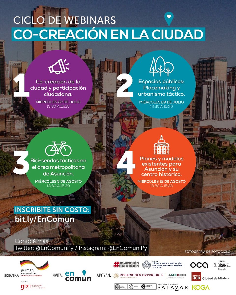 EncomunPy's tweet photo. Te invitamos a participar de este ciclo de webinars, en los que conversaremos sobre la co-creación cotidiana de las ciudades que compartimos.

📅 4 encuentros, desde el miércoles 22 de Julio.
✔️Registrate sin costo en https://t.co/01LRYhuNsa

#encomun #birrasurbanaspy #cocreacion https://t.co/ZmdU4ATSEf
