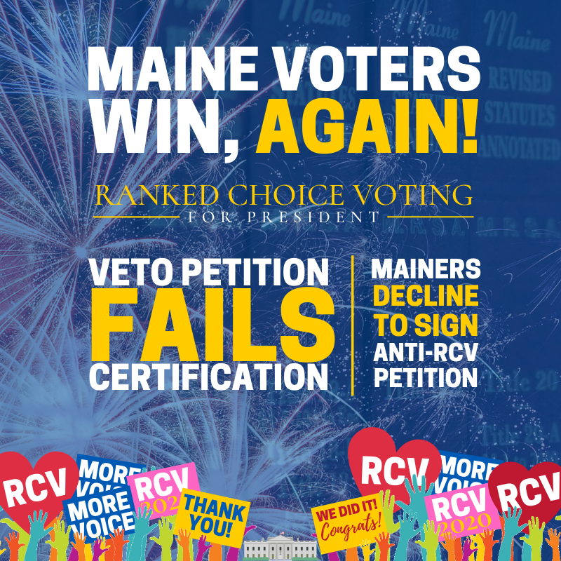 BREAKING: The campaign to repeal Maine's ranked-choice voting for president law has FAILED to submit enough valid signatures to qualify for the November ballot. Maine people will once again lead the nation and become the FIRST to use #RCV4POTUS this fall. #RCV #mepolitics
