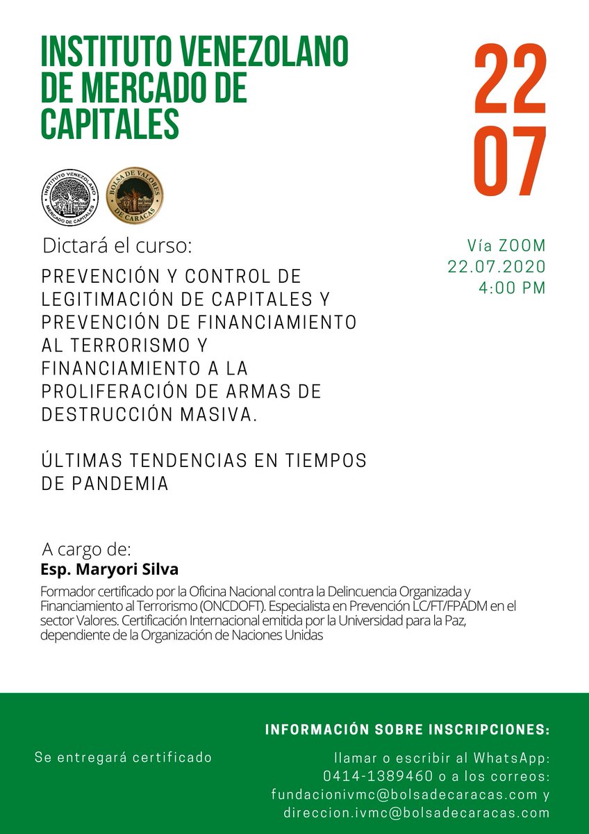 #ATENCIÓN El Instituto Venezolano de Mercado de Capitales anuncia la apertura del curso "Prevención y control de legitimación de capitales y prevención de financiamiento al terrorismo y financiamiento a la proliferación de armas de destrucción masiva". Detalles aquí 👇