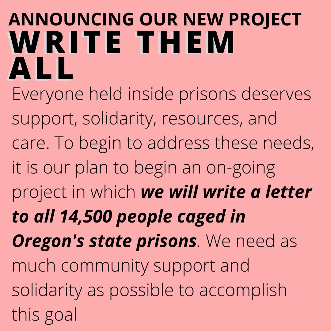 CR_PDX's tweet photo. Announcing our new campaign #WriteThemAll! We will be writing to all incarcerated people in Oregon state prisons, and we welcome everyone to sign up via our https://t.co/uJMrNdRG2L, you don’t need to live in PDX or even Oregon to participate! https://t.co/wbRx0HAYR8