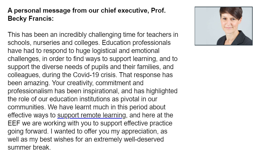Our final EEF News Alert of the school year was sent to its 36,000+ subscribers today - including this end-of-term message from our chief executive, <a href="/BeckyFrancis7/">Prof Becky Francis</a>.

You can read it here: mailchi.mp/eefoundation/n…

Subscribe, free, here: eef.li/news-alerts