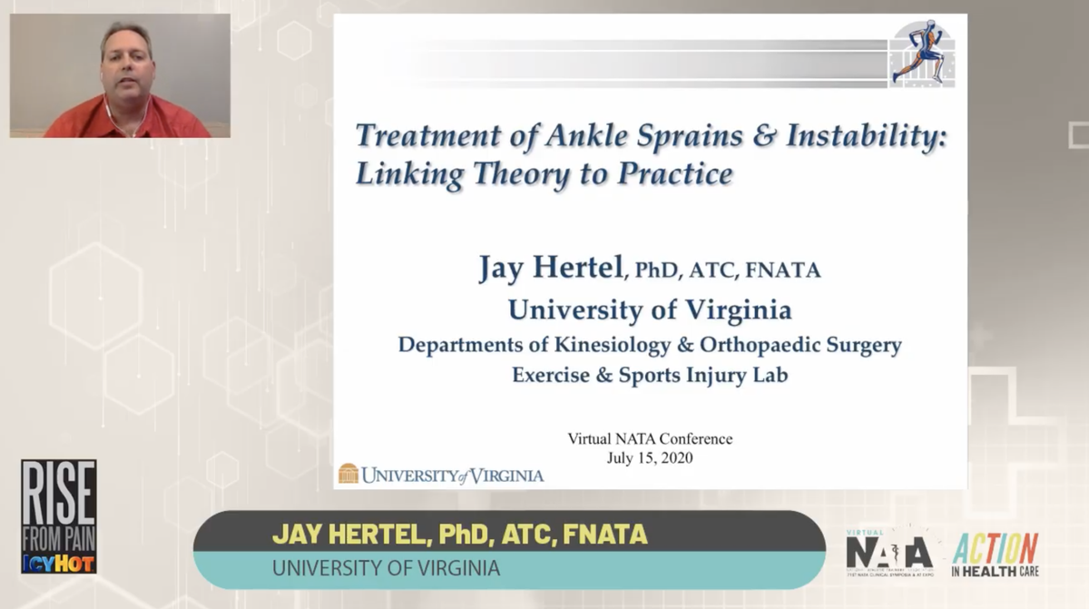 UVAEaSIL's tweet image. Fantastic EBP presentation from @Jay_Hertel on the updated chronic ankle instability model and linking ankle sprain treatment theory to practice. Great example-based scenarios to drive these concepts home for clinicians. #VNATA2020 @NATAevents @NATAFoundation @uvavpr