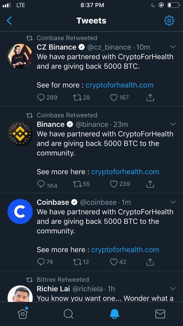 So guys be careful guys all the below account have been hacked1. Binance Account 2. Binance CEO 3. Gemini 4. Coinbase5. KucoinI suspect the likes of Bitfinex, and Okex and the Founder of Gemini & CEO of coinbase to be hacked too, same for Ripple CEO. Just my observation