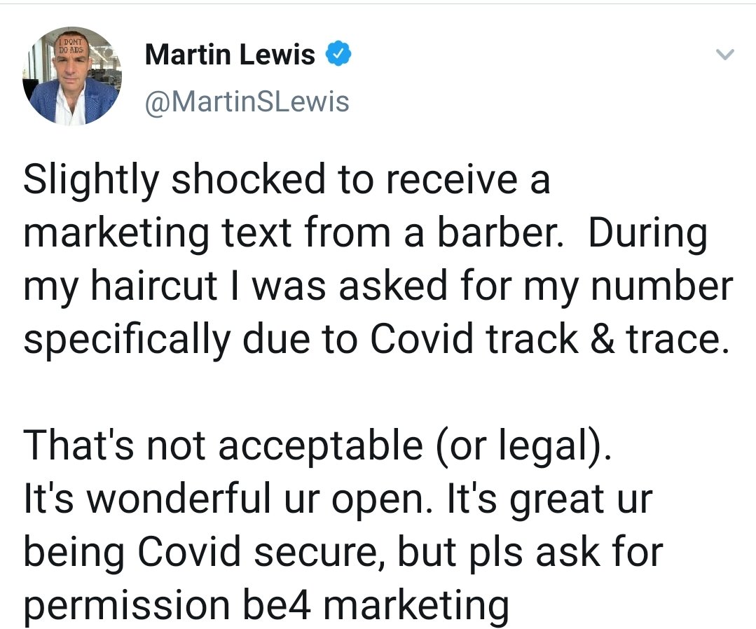 InMyVenue's tweet image. Don't be like @MartinSLewis barber...be smart! Our solution allows your business to check customers in, and let's them choose to opt-in for marketing messages! Don't let your lack of GDPR knowledge put your business at risk! We can help you out 🍻🍴💈🏌️‍♀️🏏⚽️