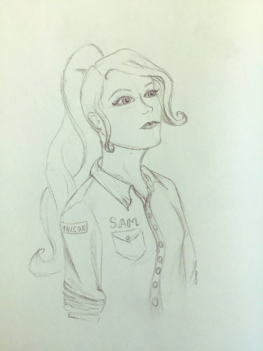 SarahBatBradley's tweet photo. A thoughtful Samantha Trapp - is she thinking about her family? Her debt? Scorpions? Or steak? @WeFixSpaceJunk #spacejunkcomp https://t.co/5BCTr5ehqg