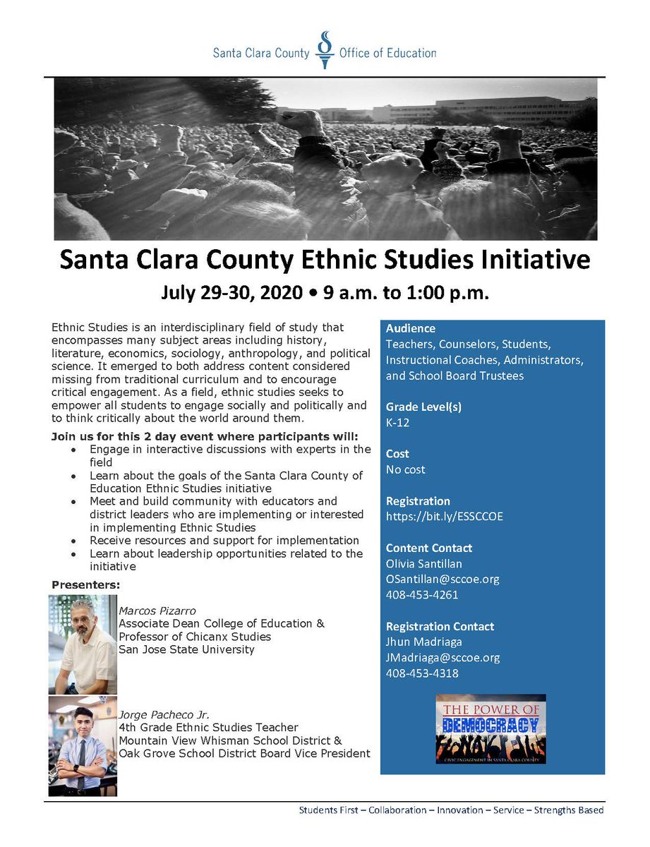 SantillanOlivia's tweet photo. Ethnic Studies Initiative launching July 29th &amp; 30th- please join us! To register &amp; more info: https://t.co/MCA7jDIVRi @CivicSantaClara @LauraHistoryOG @MET_SCCOE @ElGovEcon  #Region5HSS https://t.co/gEYfrVt3dk