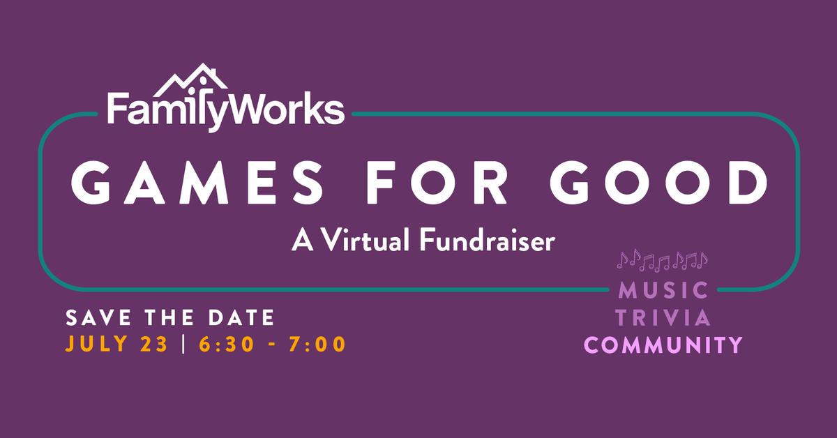 FamilyWorks' Games for Good is back, with virtual fun this year! Join us for live music, trivia games, and hear from our program participants on July 23rd from 6:30-7:00PM. Stay tuned and RSVP for music, trivia, and community! bit.ly/g4gfwx20