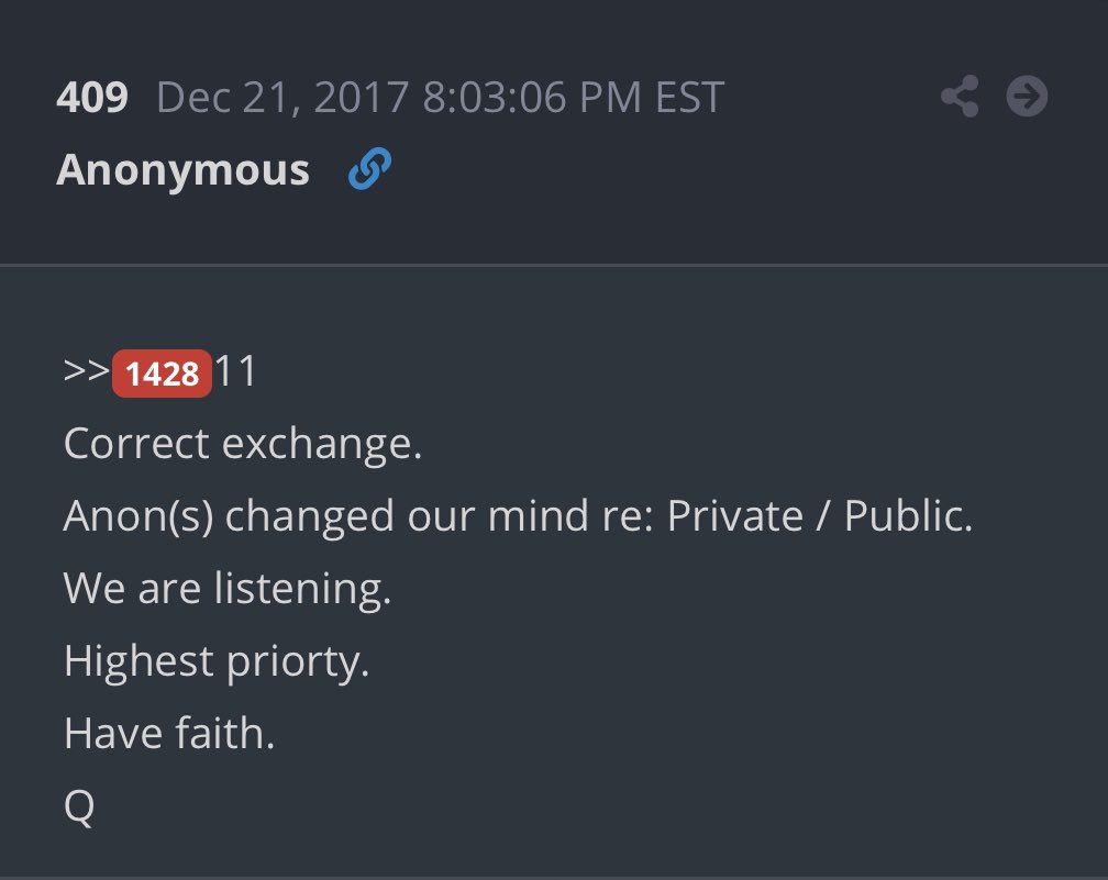 Next was Q post 408 from gematria value 1428