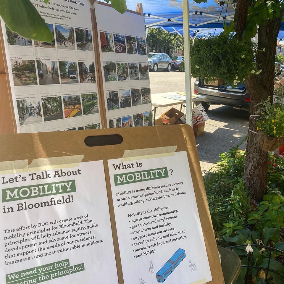 We are in Bloomfield helping <a href="/BloomfieldPGH/">Bloomfield PGH</a> Bloomfield Development Corporation create neighborhood mobility principles. Come share your ideas!  Here till 6pm in front of Linra Verde Green Market on Liberty!